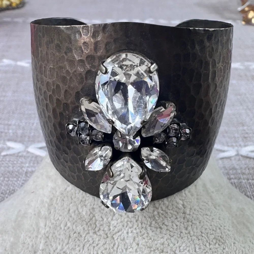 Hammered Metal Cuff Bracelet with Clear Gemstones